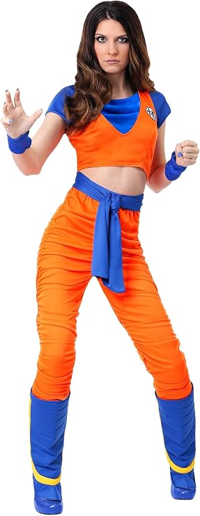 Dragon Ball Z Female Goku Cosplay Costume Orange Anime Outfit with Draped Shirt, Vest, and Pants
