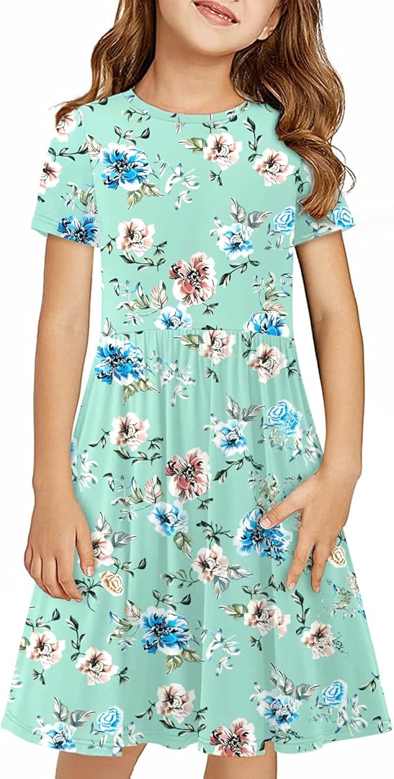KYMIDY Girls Short Sleeve Floral Dress Kids Boho Casual Twirly Skater Dress with Pockets for Girls 6-13 Years
