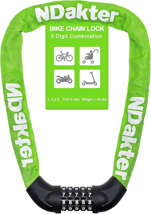 NDakter Bike Lock, 5 Digit Combination Heavy Duty Anti Theft Bicycle Chain Lock, 2.62/3.2/4.27/5/6Ft Long, High Security Resettable, Suitable for Bike, Scooter, Door, Gate, Fence-4/6mm Thick