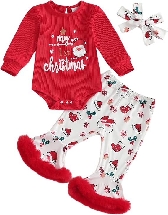 Newborn Baby Girl Christmas Outfit Long Sleeve Romper Bell Bottoms Pants Outfit with Hat My First Christmas Clothes