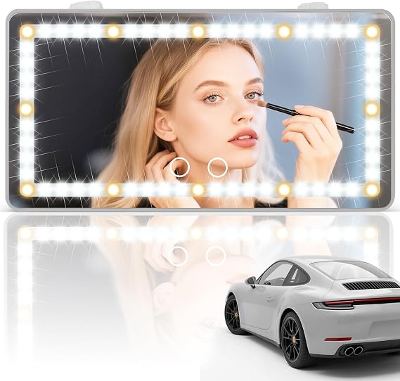 SINGARO Car Sun Visor Vanity Mirror - Rechargeable Makeup Mirror with 60 LEDs, 3 Light Modes & Dimmable Touch Control for Cars, Trucks, SUVs, Car Interior Accessories for Women (Grey)