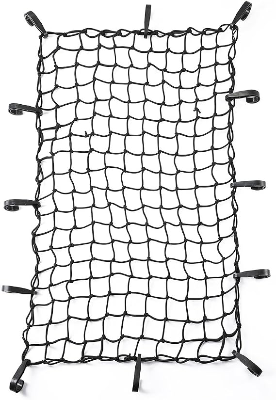 CZC AUTO 22"x38" Black Latex Bungee Cargo Net Strech to 44"x76", 2"X2" Mesh | Luggage Netting with Small Mesh and 12 Adjustable Plastic Hooks for Rooftop Cargo Carrier Roof Rail Rack Hitch Basket SUV