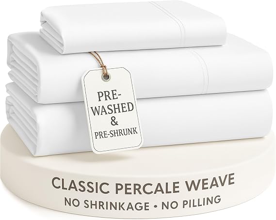 LANE LINEN Twin Bed Sheets Long-Staple 100% Cotton Sheet Set, Pre-Washed, Classic Percale Weave, Soft Comfort for Everyday Sleep, Low Pill, Easy to Wash, 15 Deep Pocket Twin Sheet White