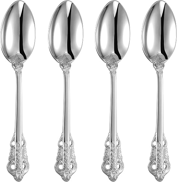 KEAWELL Luxury 4-Piece 18/10 Stainless Steel Dinner Spoon Set (Silver) | Ornate Baroque Dinner Spoons; 7.8-Inch; Brilliant Mirror Finish; Elegant Silver Finish; Statement Flatware for Formal Dining