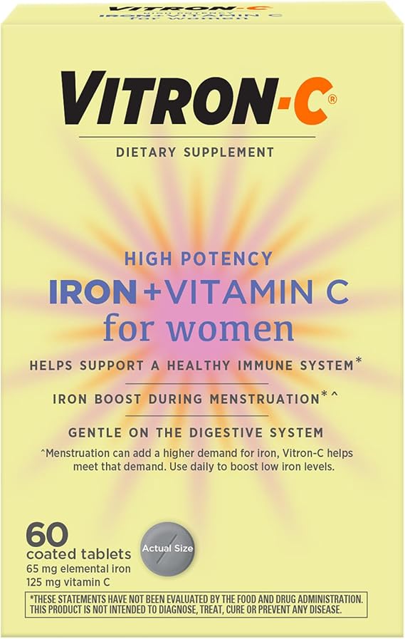 Vitron-C High Potency Iron Supplement, Immune Support, 125mg Vitamin C, 60 Count, Pack of 1