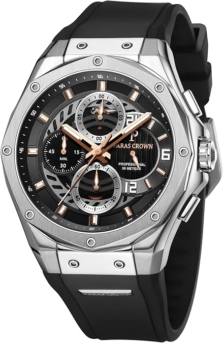 Paras Crown Mens Watches Fashion Luxury 50M Waterproof Chronograph Wrist Watches for Men with Silicone Strap Stainless Steel Case