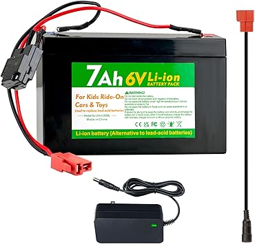 6V 7Ah Li-ion Battery Pack with Charger, Replacement for Kids Ride-On Cars, ATVs, Fire Trucks, Black and Green