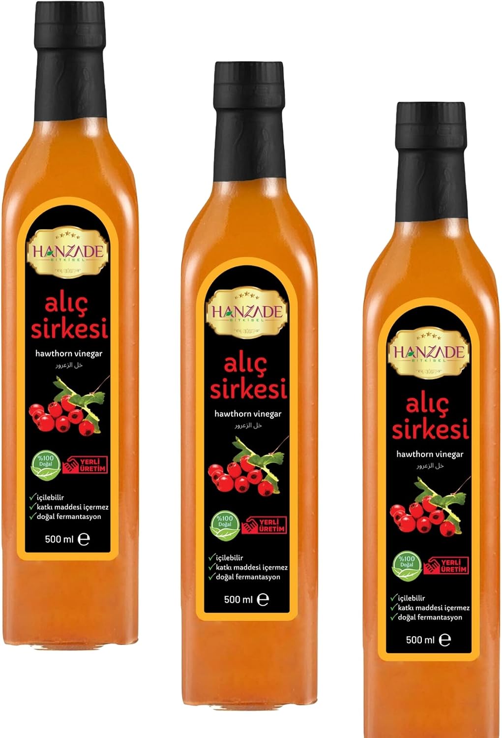 Hanzade Bitkisel Alıç Sirkesi 500 ML x 3 Adet Doğal Fermantasyon İçilebilir Katkısız Cam Şişe