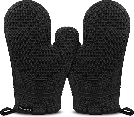 Silicone Oven Mitts Heat Resistant to 500oF - [Ultra Heat Resistant] [Thickened Liner] [Waterproof Silicone] Kitchen Oven Gloves Mittens for Cooking, 1 Pair (Black)
