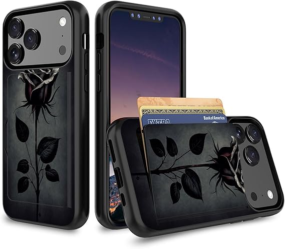 for iPhone 17 Pro Case,Dual Layer Smooth Hard Back Cover Wallet Pocket Credit Card ID Protective Case for iPhone 17 Pro,Black Rose Art