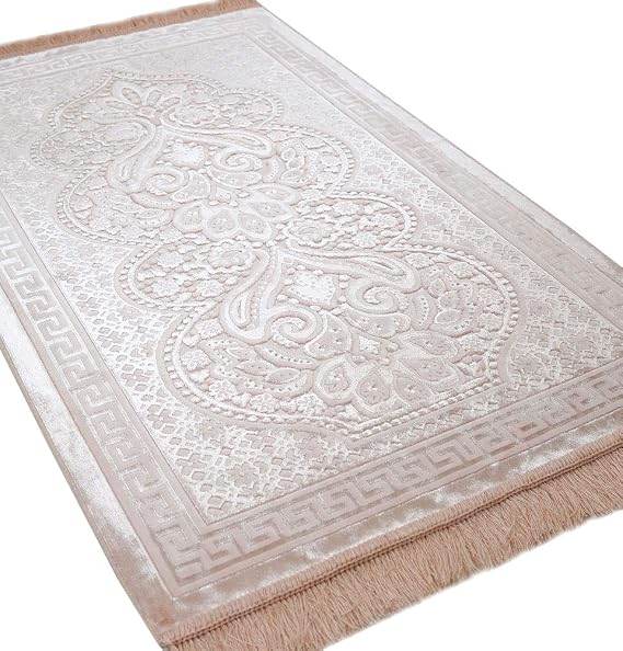 Modefa Luxury Velvet Prayer Rug with Prayer Beads | Soft Elegant Muslim Turkish Janamaz Sajada Carpet for Men and Women | Plain Solid Prayer Mat Ramadan Eid Gift - Paisley (Blush Pink)
