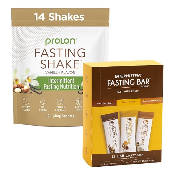Prolon Fast Bars Variety 12 Pack & Vanilla Fasting Shake 14 Count | Intermittent Fasting Drink & Intermittent Fasting Bars | Developed to Not Break Your Fast | Keto, Gluten Free, Low Carb, Plant Based