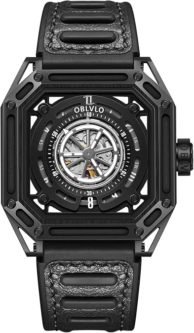 OBLVLO Luxury Brand Square Luminous Self-Wind Mens Watch Creative Mechanical Automatic Waterproof Watch Rubber Sport Watch AK