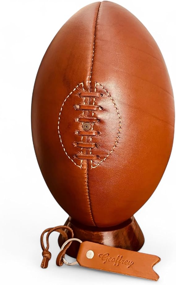 Geoffrey I Retro Rugby Ball 4 Panels I Cow Leather with Wooden Base I Vintage Style with Leather Laces and Hand Stitched