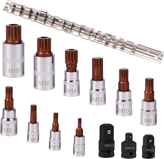 13/16Pcs Impact Socket Set with Socket Adapter, S2 Steel 1/4 Inch 3/8 Inch 1/2 Inch Drive Triple Square Spline Bit Impact Socket Set, H2-H14 Hex Allen Bit Socket Set for Automotive Repair (M Type)