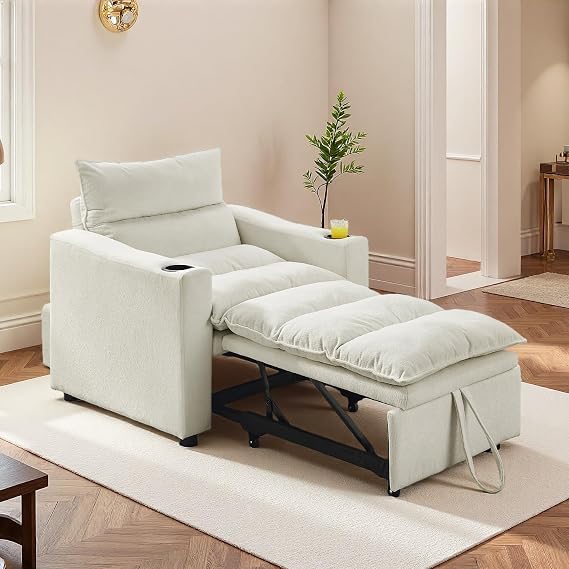 3-in-1 Convertible Sleeper Chair, Pullout Sofa Bed with Cup Holders, Lazy Sofa Bed with Adjustable Backrest, Recliner Chair for Living Room, Apartment, Dorm, or Office, Beige