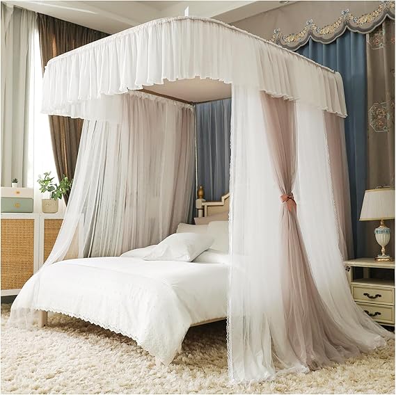 U-Shaped Rail Canopy Curtain Bed Frame Double Layer Mosquito Net Bed Frame Curtain Brackets Canopy Bed Frame Post Poles with Curtain for Bedroom Decoration,Brown,Twin
