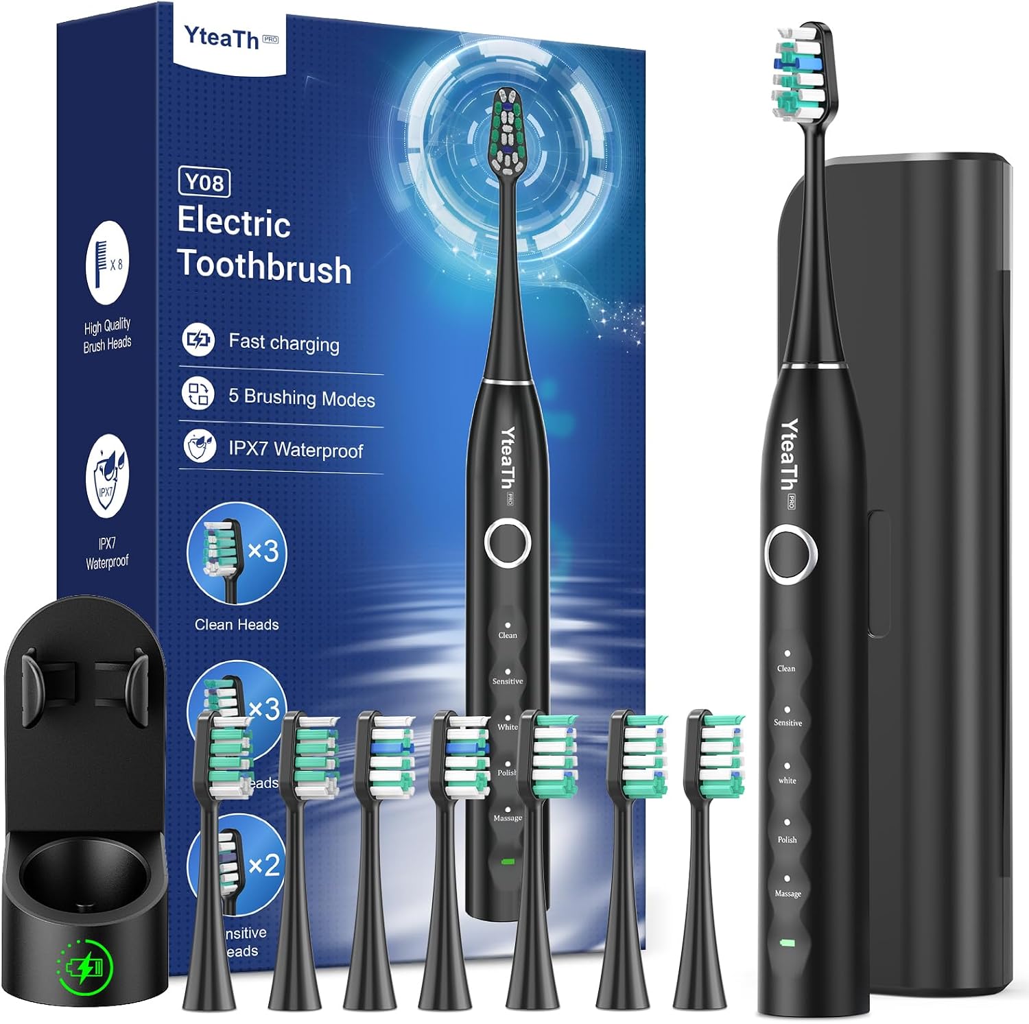 Sonic Electric Toothbrush for Adults and Kids - Sonic Toothbrush with 8 Toothbrush Heads 3 Types and 5 Modes, 120 Days Battery Life, 50000 VPM, Travel Case and Wall Holder, 2 Minute Timer