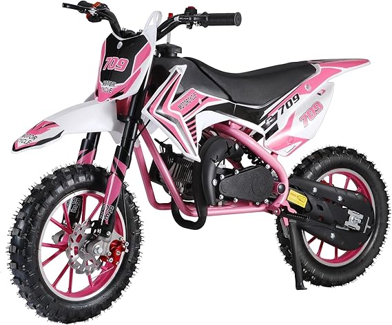 YOXIER 50cc Kids Dirt Bike,2-Stroke Mini Bike,Dirt Bike for Kids 8-14,Gas Power Pocket Rocket Bike,Gas Motorcycle with Front Rear Disc Brakes, Off Road Mini Motorcycle Max Load 330Lbs 40KM/H Pink