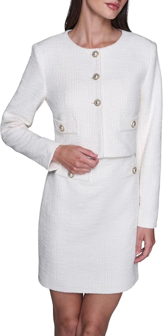 KARL LAGERFELD Women's Tweed Printed Scoop Neck Cropped Jacket