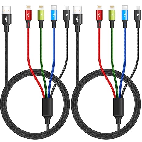 2Pack 6Ft 4 in 1 Fast Charging Cable, Multi USB Cable Adapter with iOS/Type C/Micro Ports for Smartphone, Tablet, Gaming Console & More