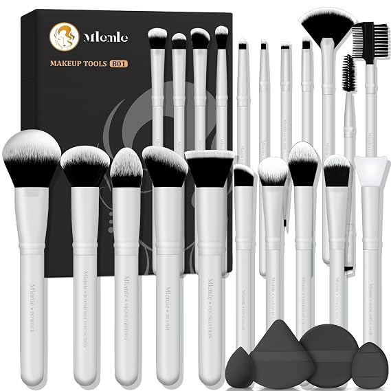 Makeup Brushes Set, Mlemle Professional 25 Pcs Makeup Kit, Include Foundation Powder Blush Concealers Eye shadows 21 Pcs Makeup Brushes and 2 Powder Puff, 2 Makeup Sponge(B01-white)
