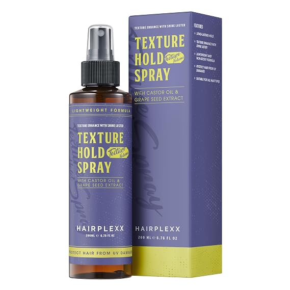Hairplexx Texture Hold Spray Daily Hold Styling Spray with Shine | No Residue, Anti-Frizz | Adds Texture, Volume | Humidity-Resistant | Lightweight with Castor Oil & Grape Seed Extract 6.76 oz