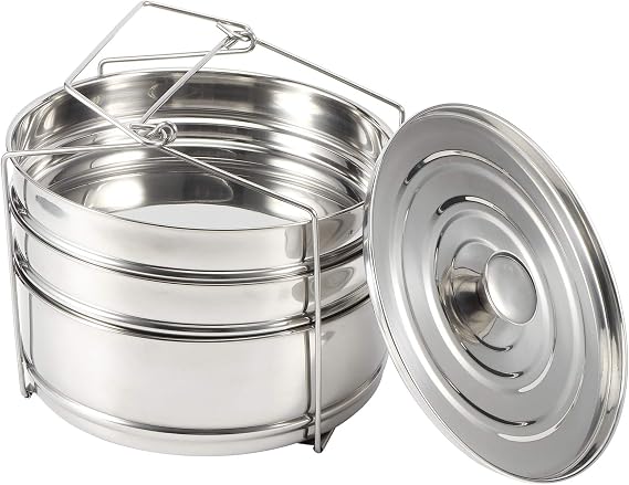 Stackable Steamer Insert Pans, Stainless Steel 3 Tier Mini Pressure Cooker Accessories w/Sling Handle Pot in Pot Food Steamer for 6/8 QT Pressure Cooker