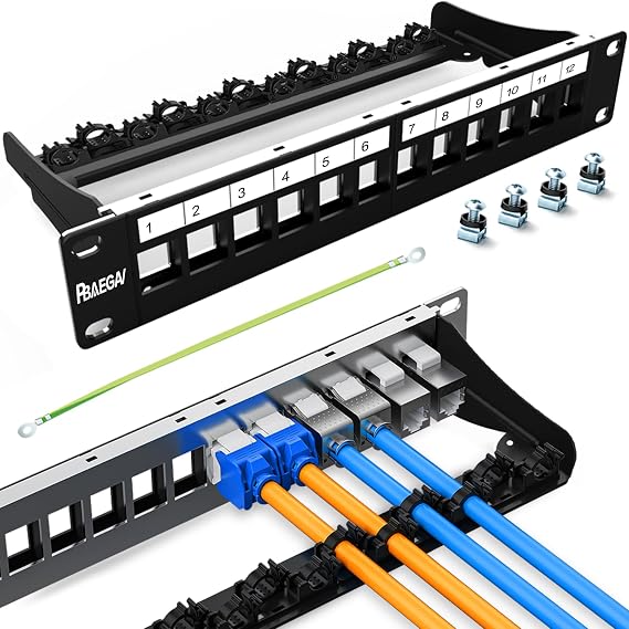 12 Port Patch Panel Blank UTP/STP 1U 19 Keystone Patch Panel with Cable Management and Support Bar Compatible with LC/SC/ST/FC/USB/HDMI Keystone Jack(12 Port)