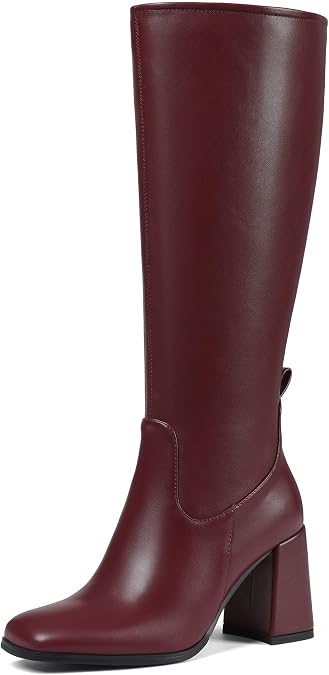 Knee High Boots for Women Square Toe Chunky Block Heel Long Boots Side Zipper Tall Boots Comfortable High Heel Boot