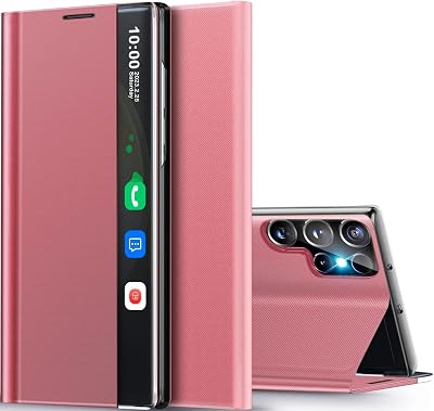 for Samsung Galaxy S25 Ultra Case View Clear Smart Window, with Kickstand for Samsung S25 Ultra Case Luxury Flip Slim Mirror Hard PC Leather View Clear Smart Window Cover S25 Ultra 5G Phone Case Pink