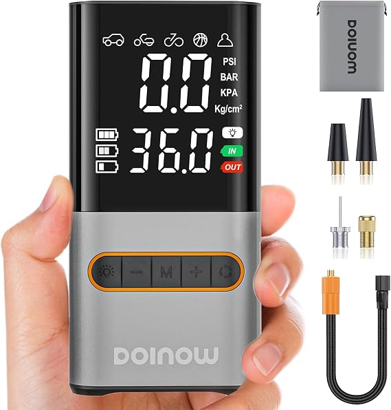 Tire Inflator Portable Air Compressor Cordless Mini Bike Pump with Digital Dual Values Display, 150 PSI Car Tires Air Pump with LED Lights&Pressure Gauge for Auto, Motorcycles, Bikes, Balls