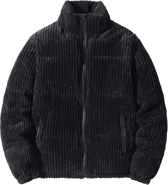 Mens Bubble Puffer Corduroy Jacket Vintage Stand Collar Zipper Plush Coat Fall Ribbed Tops Down Outerwear