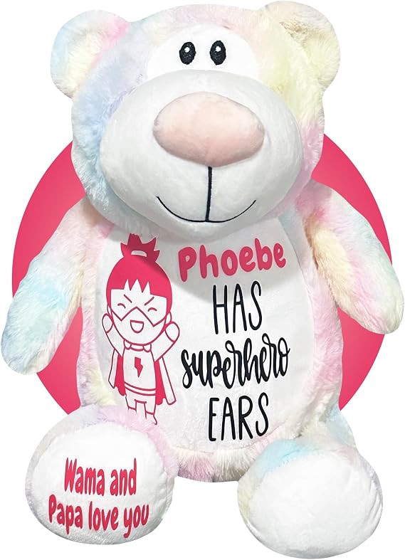 Ear Tube Gifts for Kids - 17" Pastel Teddy Bear Personalized with a Name and Choice of Color - Get Well Soon Gifts for Post Ear Surgery - Cochlear Implant Surgery Products
