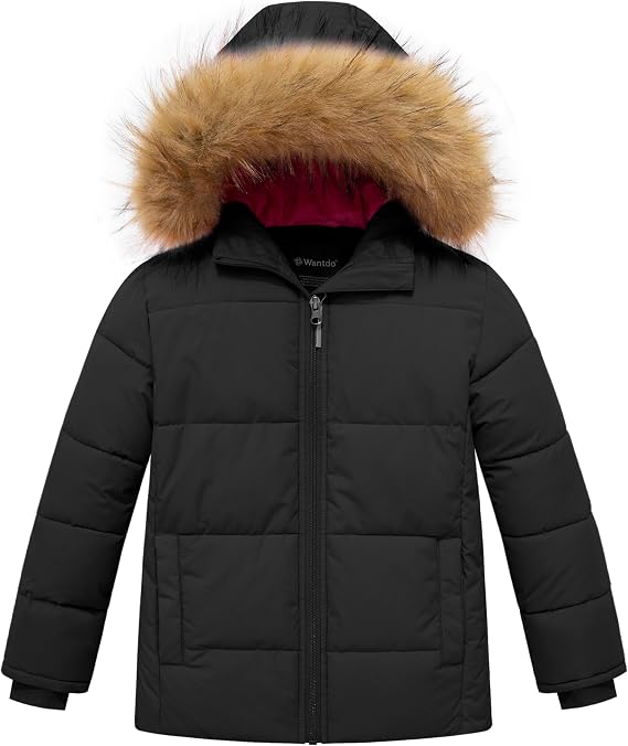 Wantdo Girls' Fleeced Winter Coat Waterproof Puffer Jacket Hooded Outerwear | 5000mm Waterproof,Removable Faux Fur Hood,Fleece Lining,Windproof,Machine Washable