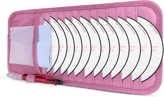 CD Case Holder for Car - Sun Visor Organizer for 12 CDs/Dvds, 1 Mesh Pocket & 1 Horizontal Pen Holder - Safe, Ergonomic Design (Pink)