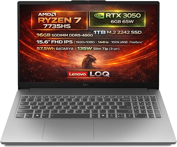 Lenovo LOQ 15ARP10E AMD Ryzen 7 7735HS 16GB 1TB SSD RTX 3050 6GB 15.6" FHD (1920x1080) IPS 144Hz Freedos Taşınabilir Bilgisayar 83S00032TR