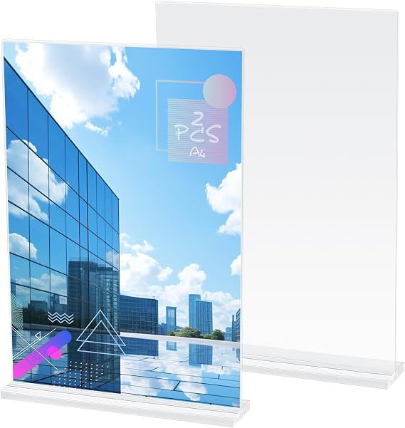 2 Pcs Poster Menu Holder, A4 Acrylic Sign Holder, T-Shape Double-Side Menu Display Stand, Clear Perspex A4 Vertical Display Stands for Office Shop Restaurant Picture Photo Display