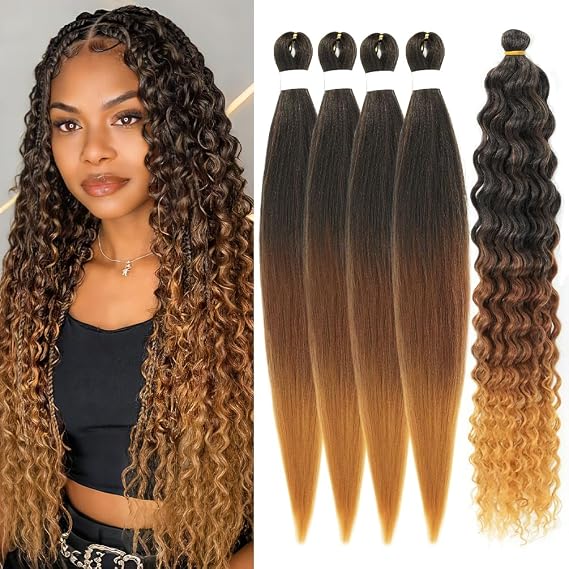 Boho Braiding Hair Pre Stretched - Deep Wave Curly Prestretched Braiding Hair Extensions for Boho Braids(Brown to Honey Blonde)