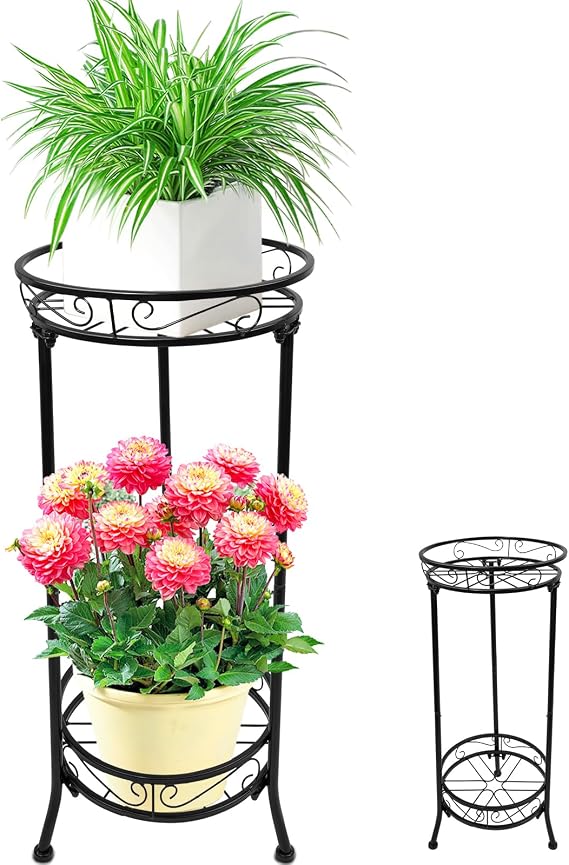 Plant Stand, Metal Flower Pot Stand, Flower Pot Holder, Indoor and Outdoor Plant Holder for Patio Garden Balcony Living Room (2 Layer U-shaped Black)