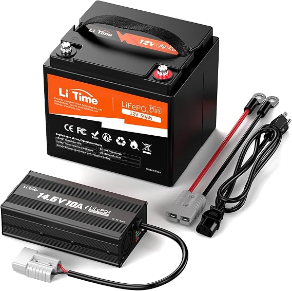 Litime 12V 50Ah LiFePO4 Deep Cycle Battery 14.6V10A Lithium Charger, 11.57lbs Ultra-Light RV Battery, 640Wh, Max. 15000+ Cycles, Safe&Reliable for Trolling Motor, Marine