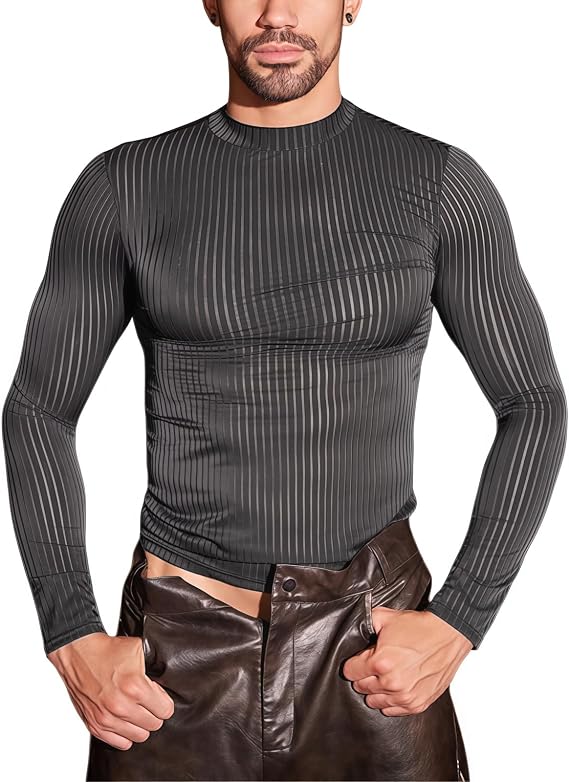 Men's Sheer Tops Long Sleeve Mesh Top See Through Crew Neck Y2K Going Outfits Striped Pattern Shirts Blouses Sexy Basic T-Shirt for Party Clubwear Festival Disco Nightwear