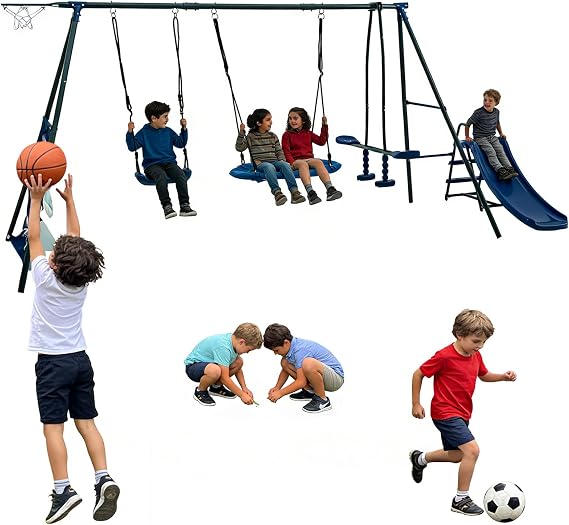 Outdoor Swing Sets for Backyard with Net, Heavy-Duty Metal Slide Playset for Kids, 5 in 1 Swing Set with Slide Saucer Swing Seat, Belt Swing, Soccer Goals and Basketball Hoop,440lbs (Blue)