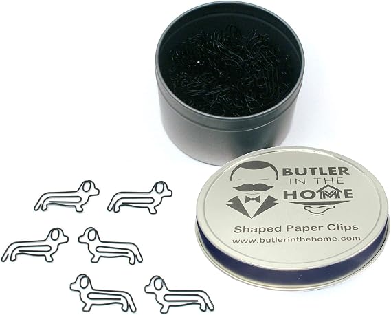 Butler in the Home Dog Dachshund Shaped Paper Clips Great for Paper Clip Collectors or Dog and Pet Lovers (Black - 100 Count Silver Tin Gift Box)