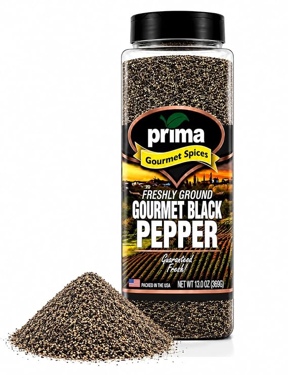 Prima Gourmet Freshly Ground Black Pepper | 13 oz | Semi-Coarse | Bold, Delicious Flavor | Kosher Certified | 18-24 Mesh | Perfect for Cooking, Rubs, Grilling & Seasoning