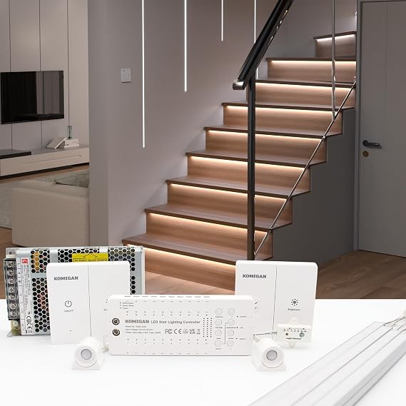 Motion Sensor with Daylight Sensor LED Stair Light Kit KMG-4233, Multiple Functions with Switch Panel Control, 23.6 Inches Light Bar for Indoor Use (Cool White 6000K, 10 Stairs)