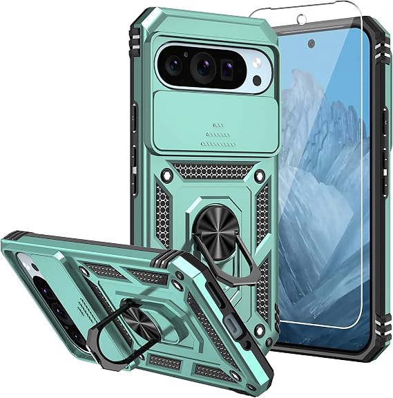Pixel 9 Pro XL用ケース、スクリーンプロテクターとカメラカバー付き、軍用グレード 16フィート落下試験済みカバー マグネットキックスタンド保護ケース Google Pixel 9 Pro XL用、グリーン