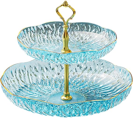 Fruit Plate Tray Cupcake Stand Snack Display Tray Dessert Cake Stand Serving Platters for Party Entertaining Holiday Candy, Blue, 2 Tier