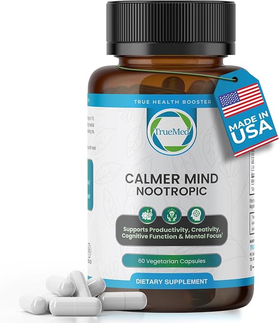 Calmer Mind Nootropic Ashwagandha, GABA, L-Theanine, Magnesium & Melatonin - Supports Focus, Productivity, Creativity & Cognitive Function - Calmness & Mood Support - 60 Vegetable Capsules