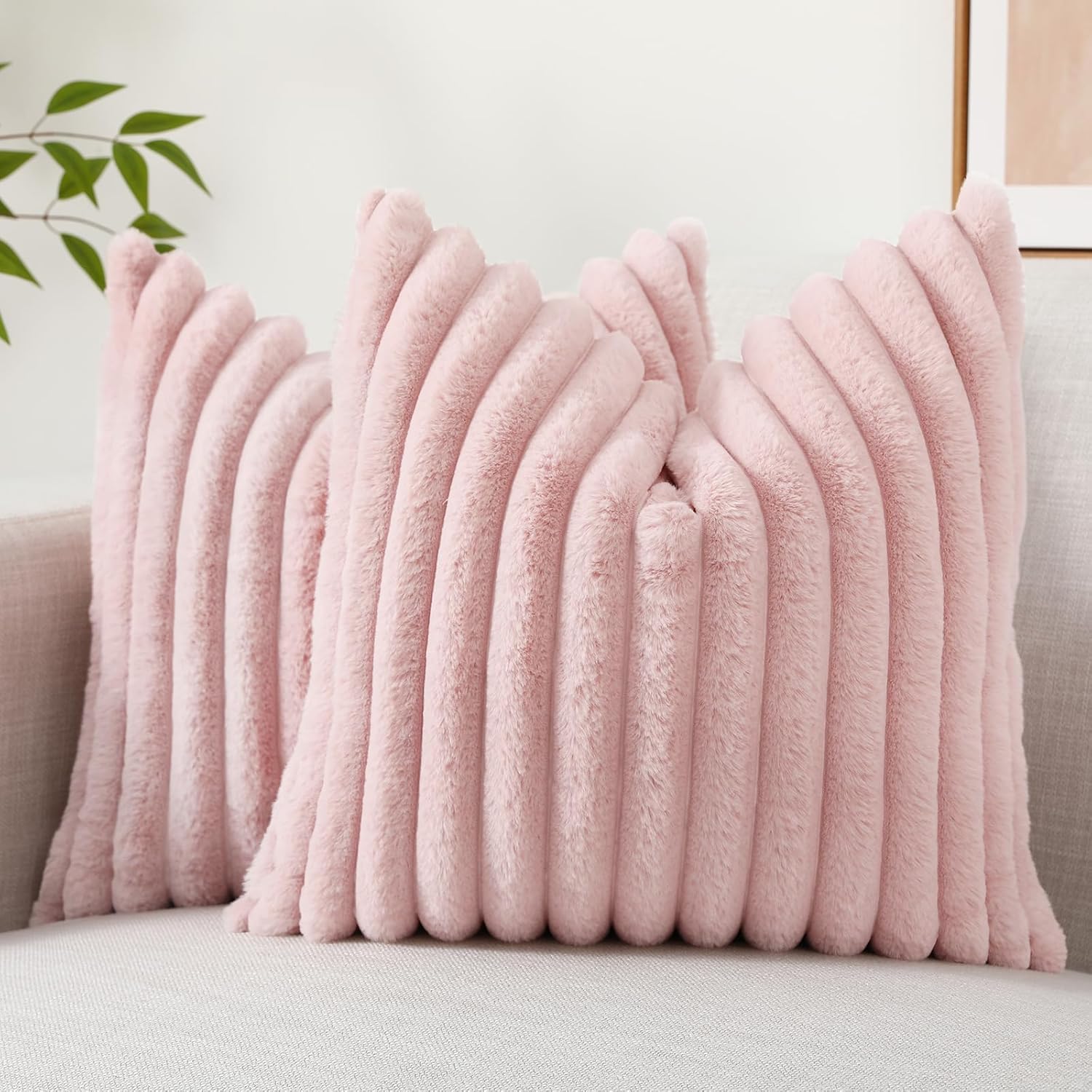 decorUhome Faux Fur Cushion Covers 45x45 cm Set of 2, Decorative Soft Plush Striped Neutral Pillow case 18X18 Inch with Velvet Back for Sofa, Bed, Living Room Home Decor, Pink